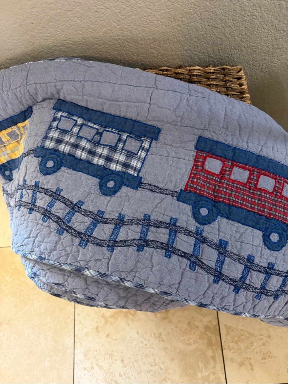 The Company Store CHOO-CHOO TRAINS Blue Red Plaid Chambray Kid Twin Quilt 83x63”